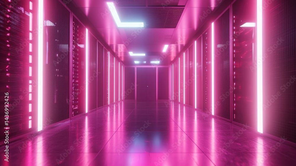 Futuristic server room illuminated with vibrant pink neon lights, sleek metallic walls, and high-tech racks, perfect for technology, cybersecurity, and innovation themes Futuristic server room illuminated with vibrant pink neon lights, sleek metallic walls, and high-tech racks, perfect for technology, cybersecurity, and innovation themes