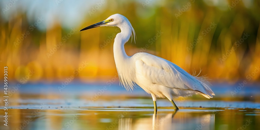 Obraz premium Young Little Egret Chick in Shallow Water, Wildlife Photography