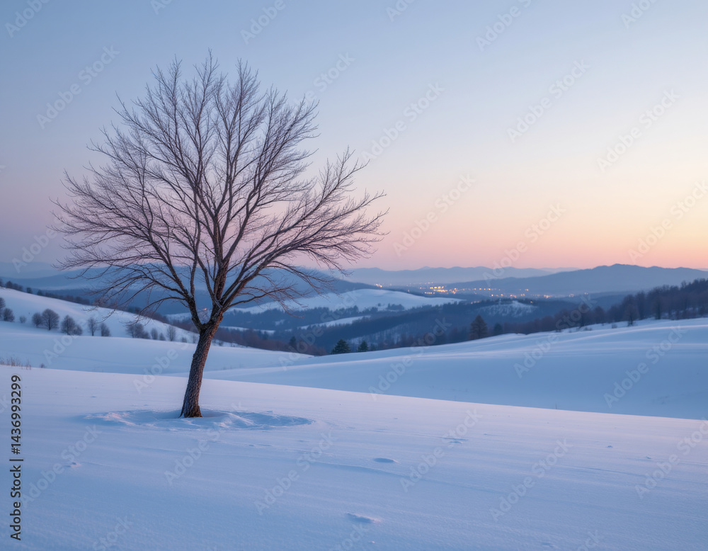 Tranquil winter landscape featuring solitary tree standing in snowy field, with soft pastel colors in sky at dusk. serene atmosphere evokes sense of peace and solitude Tranquil winter landscape featuring solitary tree standing in snowy field, with soft pastel colors in sky at dusk. serene atmosphere evokes sense of peace and solitude