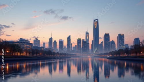 Wallpaper Mural Stunning city skyline at dusk, featuring modern skyscrapers reflecting in calm river. scene captures beauty of urban architecture and serene water, evoking sense of tranquility and wonder Torontodigital.ca