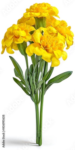 Wallpaper Mural A bouquet of four bright yellow marigold flowers with green stems and leaves against a white background Torontodigital.ca
