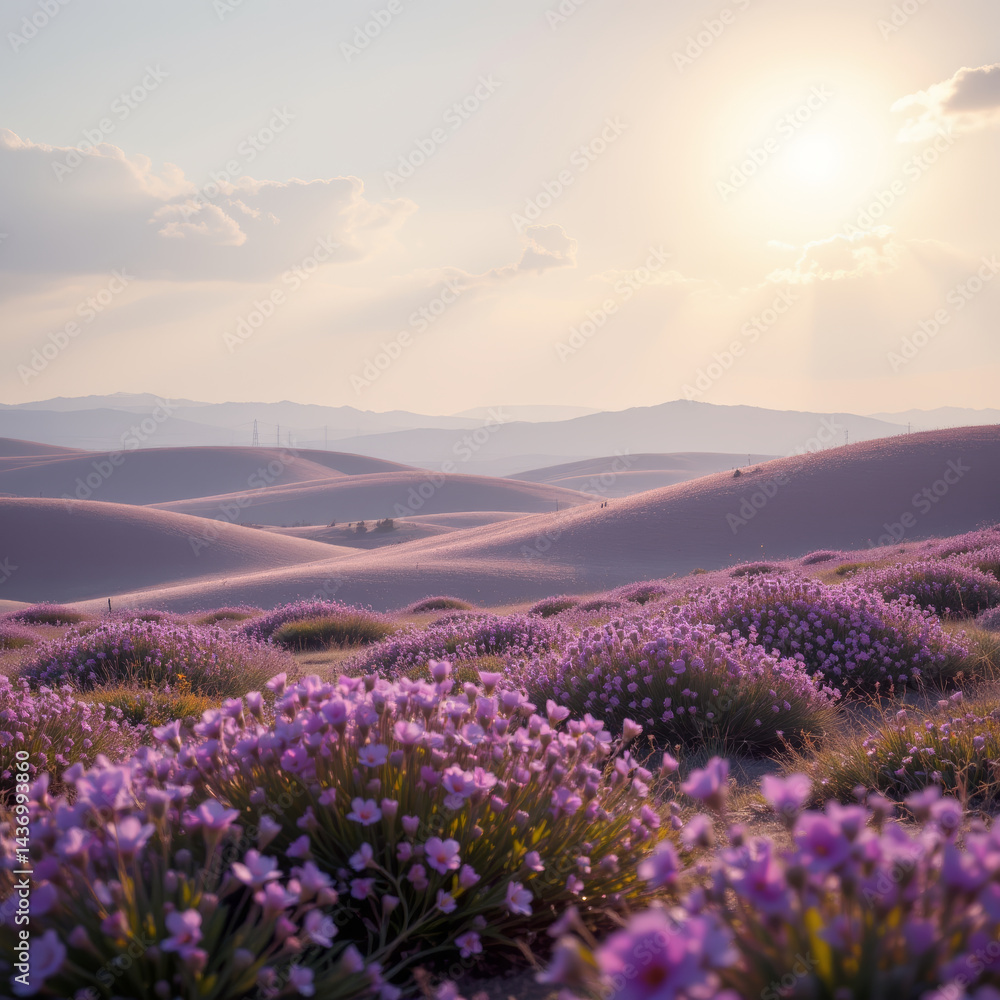 Obraz premium Breathtaking landscape featuring rolling hills covered in vibrant purple flowers under soft sunset glow. serene atmosphere evokes sense of tranquility and beauty in nature