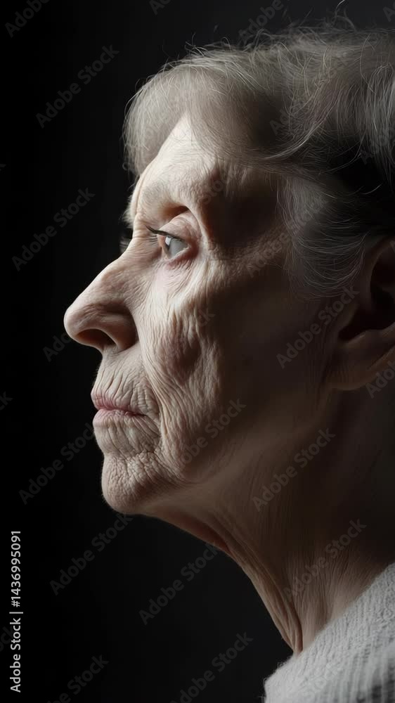 Profile of elderly woman in soft focus with wrinkled skin, gray hair, neutral expression, and a dark background illuminating her face. Profile of elderly woman in soft focus with wrinkled skin, gray hair, neutral expression, and a dark background illuminating her face.