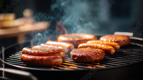 Grilled sausages and burgers on the barbecue grill for summer cookout and party celebration outdoors