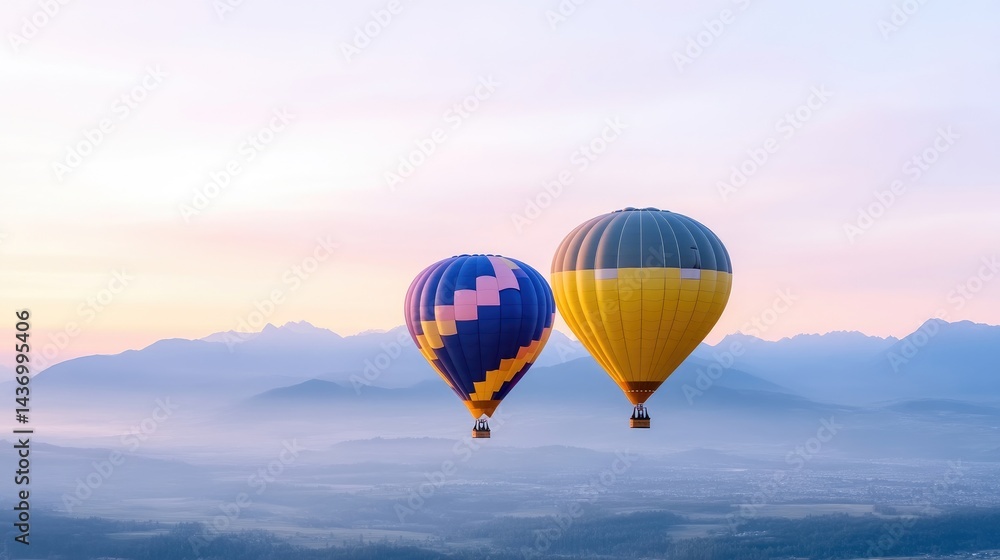 Fototapeta premium Two hot air balloons soaring above misty mountains at sunrise