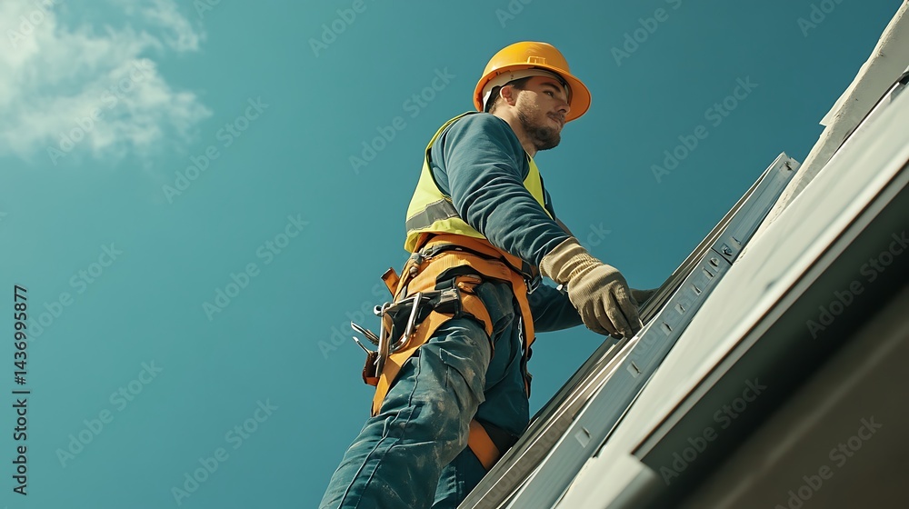 Naklejka premium Construction Worker on Roof