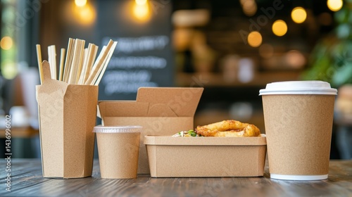 Fototapeta Naklejka Na Ścianę i Meble -  A set of small cardboard takeaway containers for street food.