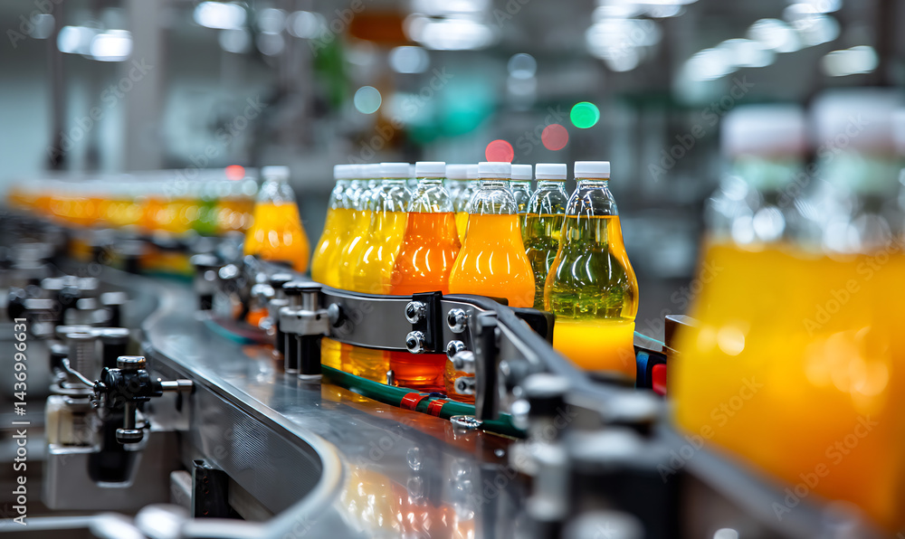 Efficient production line of colorful beverages with diverse fruit juices in bright bottles ready for distribution : Generative AI