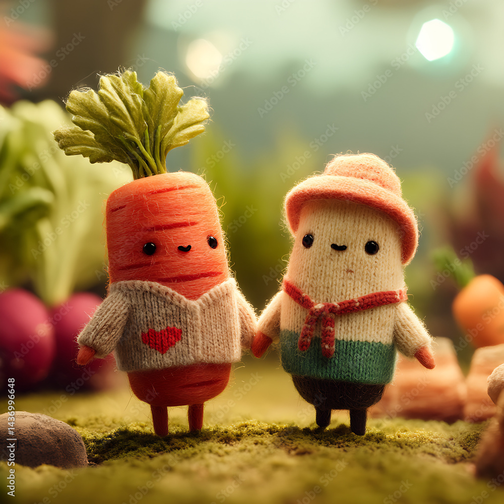 Adorable anthropomorphic vegetable characters in a vibrant forest setting holding hands : Generative AI