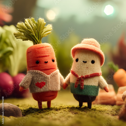 Obraz na płótnie Adorable anthropomorphic vegetable characters in a vibrant forest setting holding hands : Generative AI w salonie