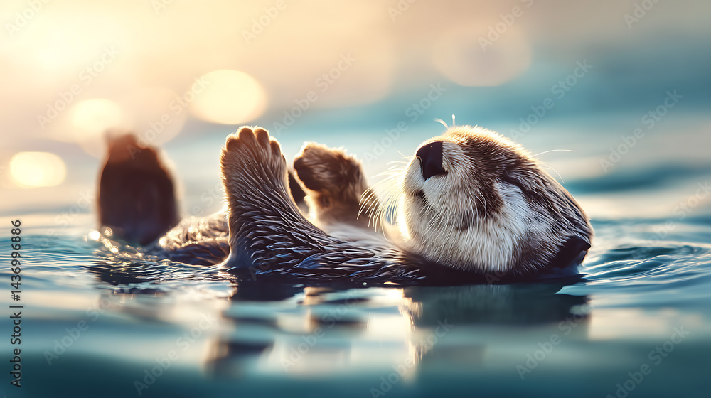 Adorable otter floating on water under soft sunlight creating a serene and peaceful nature scene : Generative AI