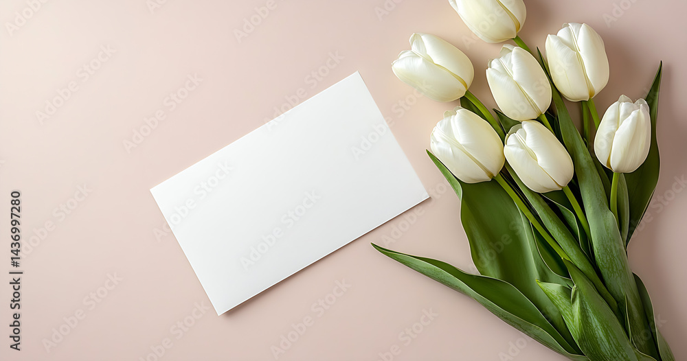 Elegant arrangement of white tulips beside a blank card on a soft pastel background for invitations : Generative AI
