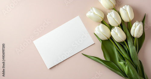 Obraz na płótnie Elegant arrangement of white tulips beside a blank card on a soft pastel background for invitations : Generative AI w salonie