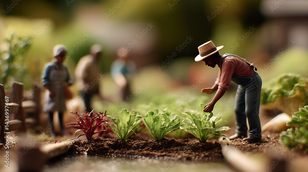 Realistic miniature model of a farmer tending to a vibrant vegetable garden with diverse crops : Generative AI