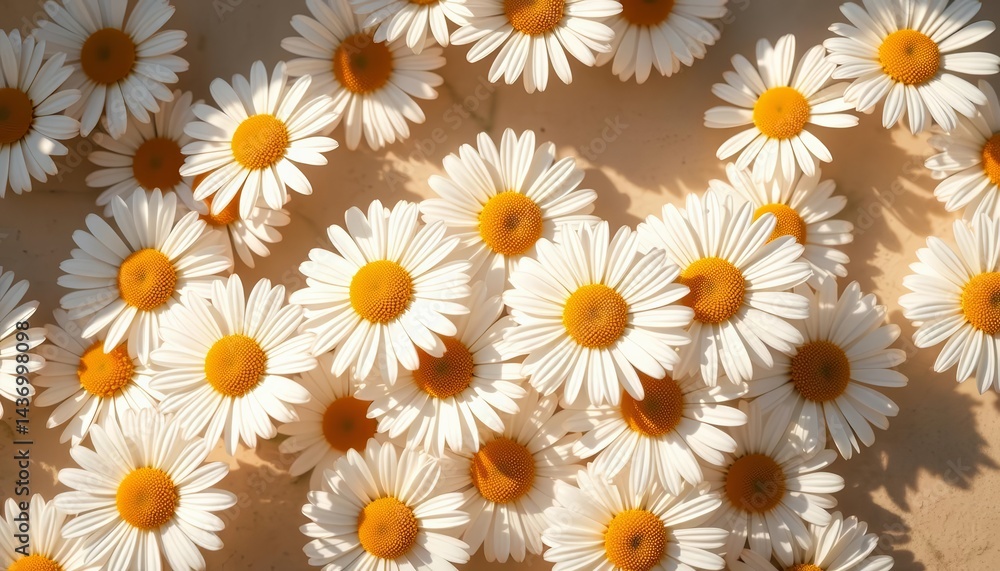 Elegant chamomile daisy pattern, sunlight shadows on beige Ample copy space, photography, summer Elegant chamomile daisy pattern, sunlight shadows on beige Ample copy space, photography, summer