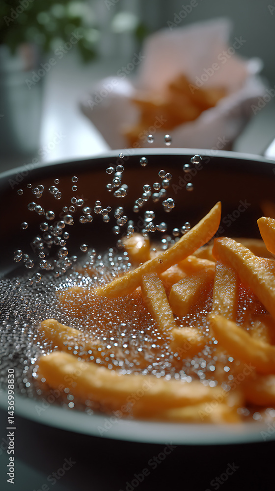 Golden French fries splashing in hot oil creating bubbles for a satisfying culinary experience : Generative AI
