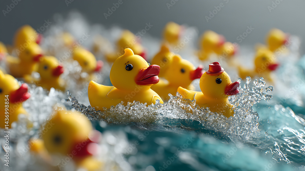 Playful scene of numerous yellow rubber ducks floating on water producing waves : Generative AI