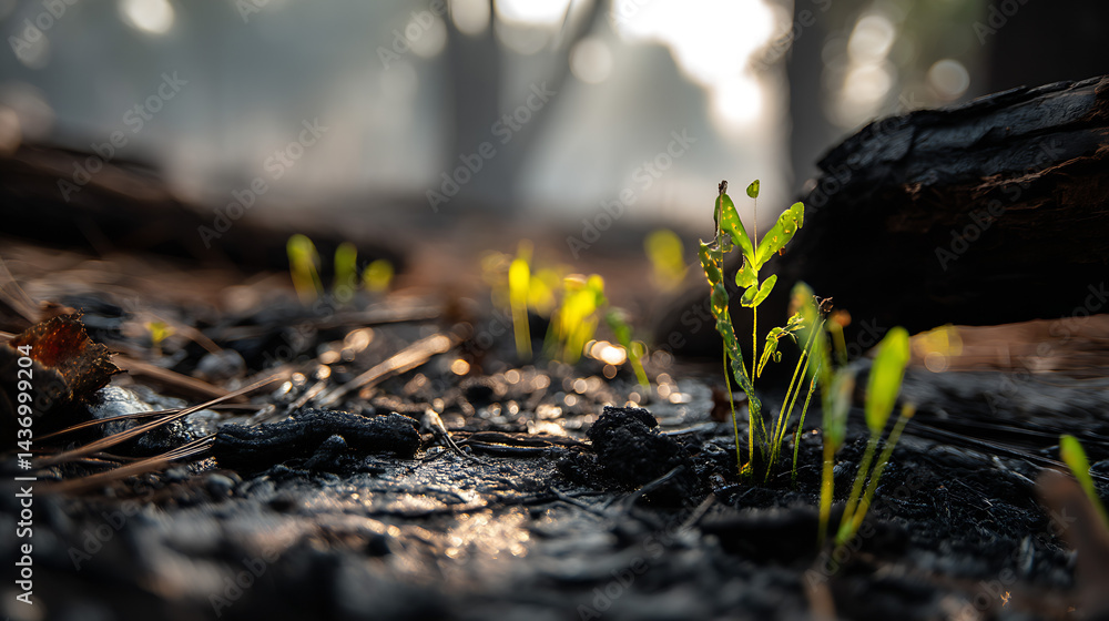 New growth sprouting from charred earth after wildfire demonstrating resilience and nature's recovery : Generative AI