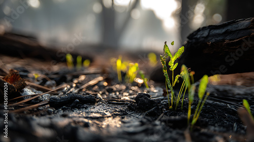 Obraz na płótnie New growth sprouting from charred earth after wildfire demonstrating resilience and nature's recovery : Generative AI w salonie