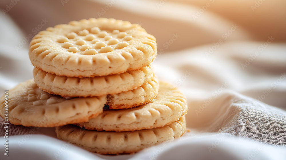 Stack of golden biscuits resting on soft white fabric creating a cozy atmosphere : Generative AI