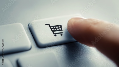 Hand pushing button on keyboard demonstrating buy again shortcut concept for one-click reordering process for past purchases