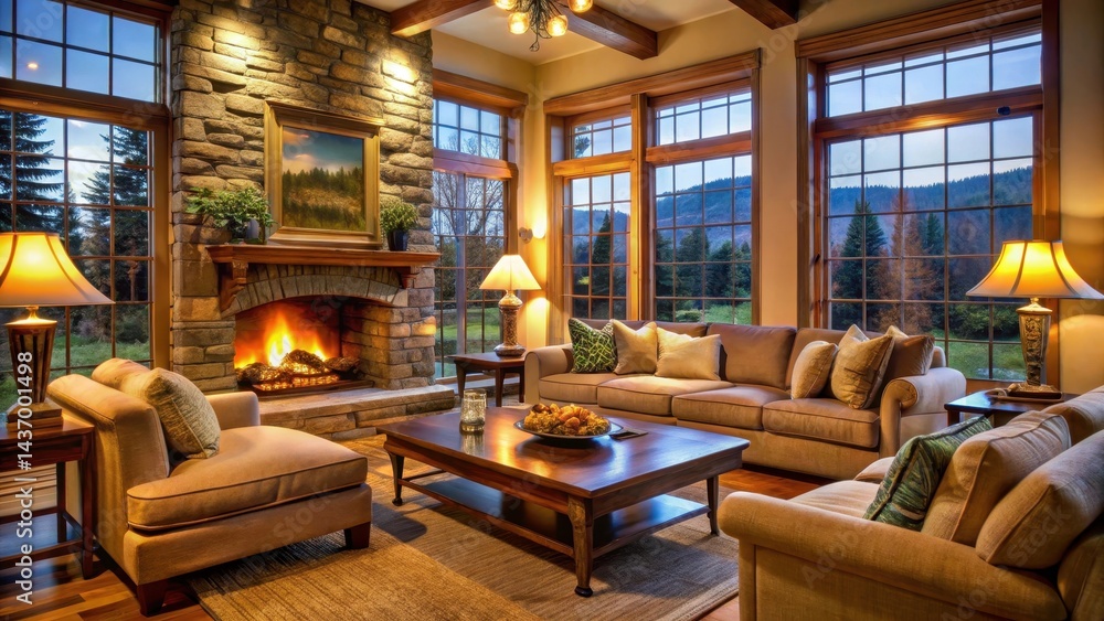 Warm and inviting living room with a crackling fireplace, surrounded by plush couches, floor lamps, and a large window with a view of nature, soft lighting, fireplace Warm and inviting living room with a crackling fireplace, surrounded by plush couches, floor lamps, and a large window with a view of nature, soft lighting, fireplace