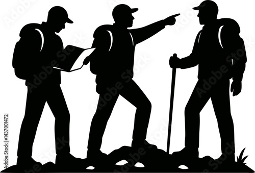 Minimalist Silhouette of Three Hikers Navigating Rough Terrain with Map and Walking Stick