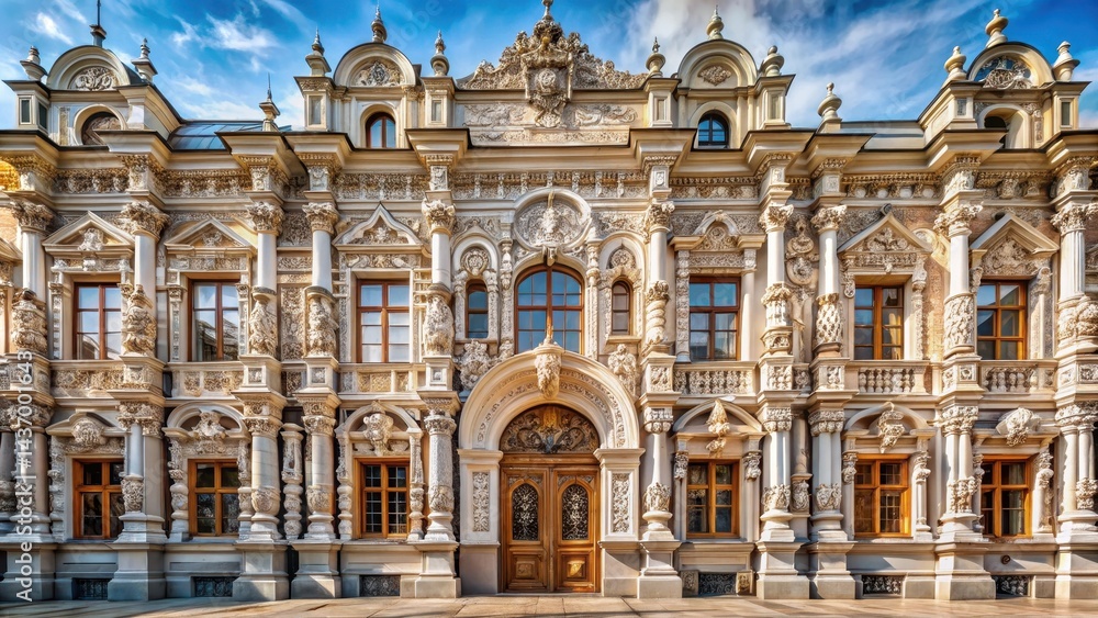 Obraz premium Grandiose facade of the palace with intricate stone carvings and ornate details , Russo-orthodox, grandiose