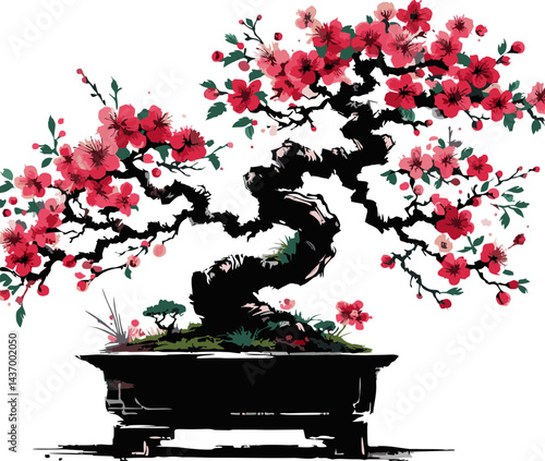 Cherry Bonsai Tree Vector. Elegant Bonsai Tree in Bloom, Watercolor Style Illustration