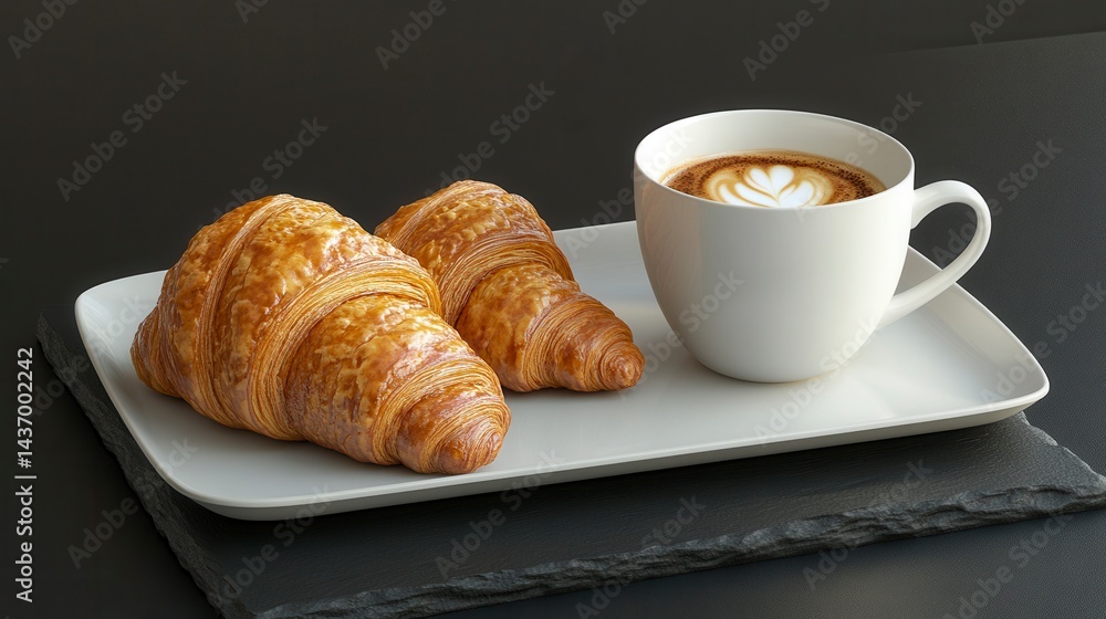 Two golden croissants and a cup of latte art coffee on a plate. Two golden croissants and a cup of latte art coffee on a plate.