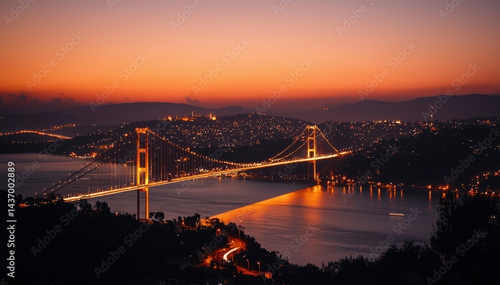 City skyline at dawn with bridge