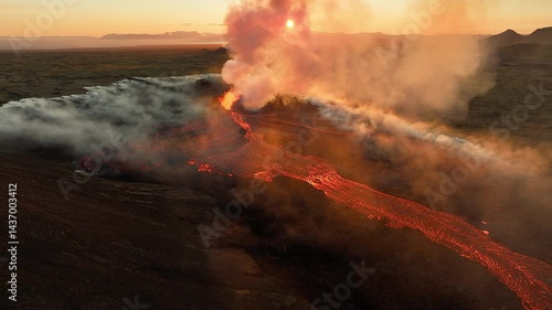 Volcano Eruption, Flowing Red Hot Lava Erupts from Crater, Incredible Natural Phenomena, Spectacular Dramatic Scenery in Iceland