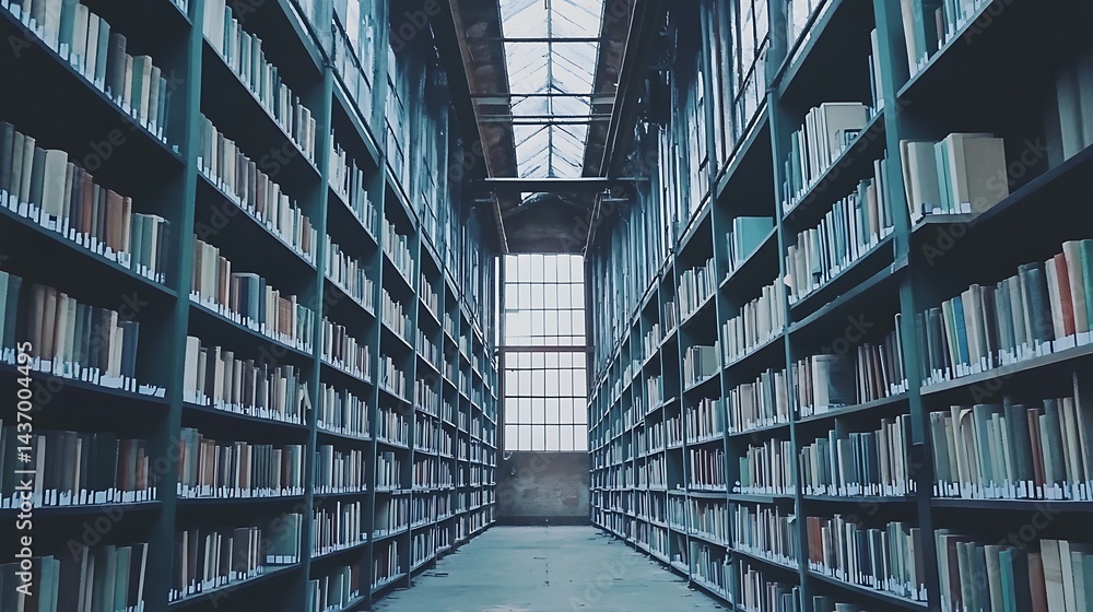 Extensive library interior corridor bookshelves Extensive library interior corridor bookshelves