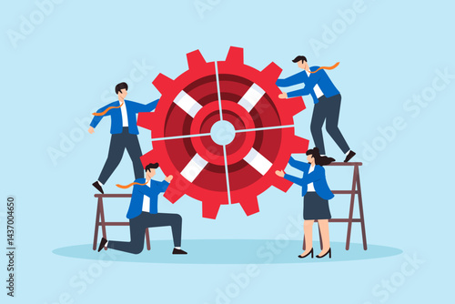 Flat illustration of businessman and businesswoman connect gear together teamwork collaboration solve problem achieve target