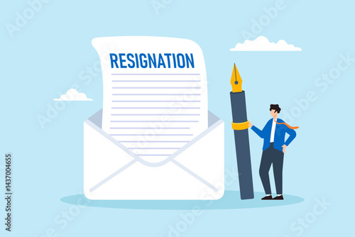 Flat illustration of professional businessman write resignation email with fountain pen career change quit job letter leave company