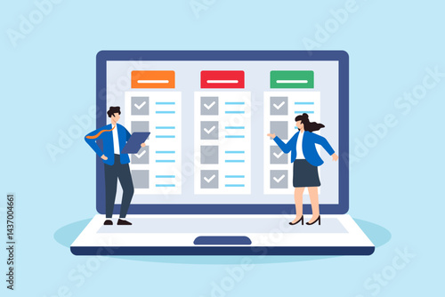 Flat illustration of task management team finish project efficiently on computer laptop business planning checklist completion schedule agenda