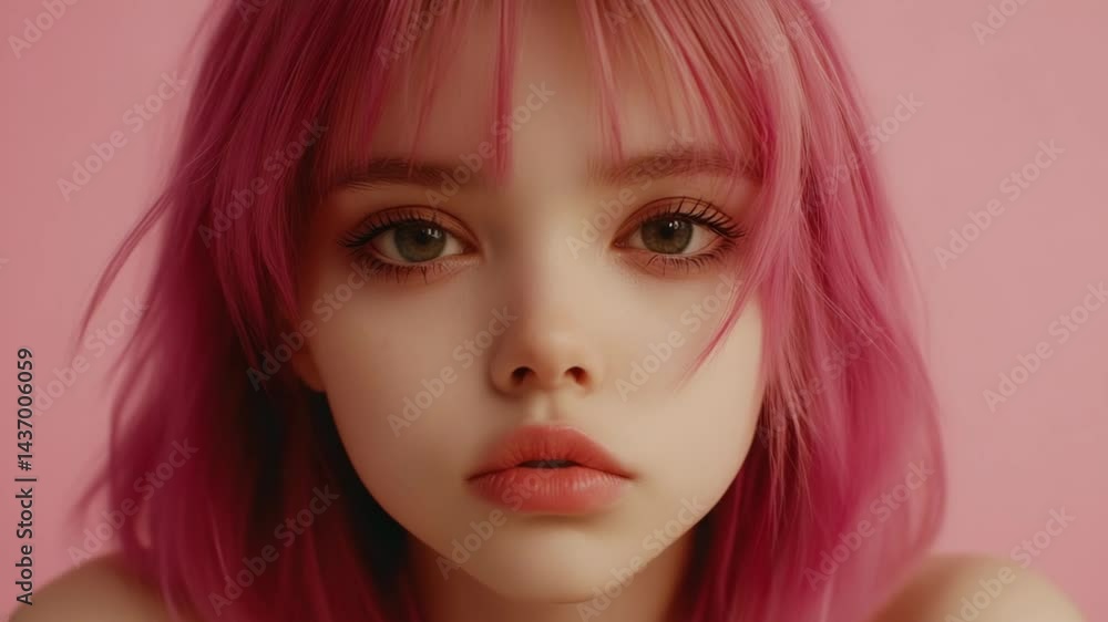 Close-up portrait of a young woman with pink dyed hair and fair skin against a light pink background in a studio setting. Close-up portrait of a young woman with pink dyed hair and fair skin against a light pink background in a studio setting.