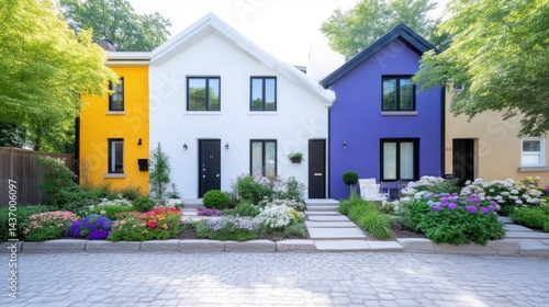 Vibrant, colorful row houses with meticulously landscaped yards