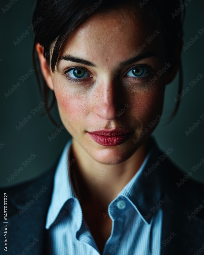 Close-up portrait of a woman with striking blue-green eyes wearing a light blue shirt and dark jacket Close-up portrait of a woman with striking blue-green eyes wearing a light blue shirt and dark jacket