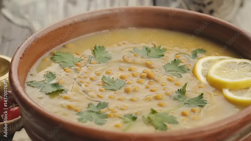 Steaming bowl of creamy lentil soup, garnished with lemon and herbs Steaming bowl of creamy lentil soup, garnished with lemon and herbs