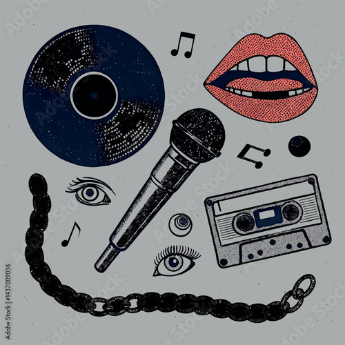 Retro audio equipment includes headphones, a radio, and vintage music instruments