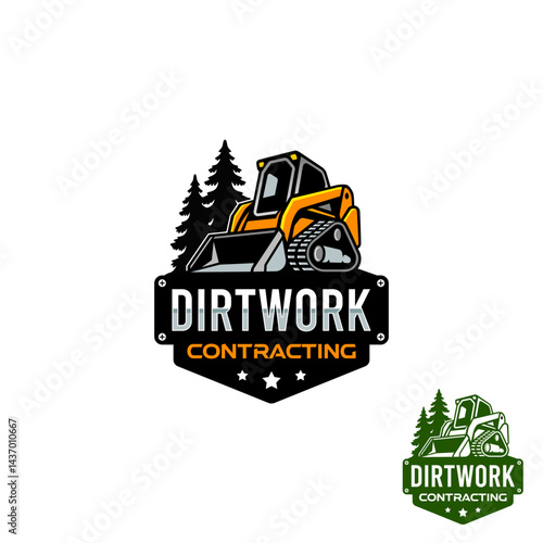 An illustration logo for a skid steer rental and dirtwork contracting business, featuring yellow, dark green, and black tones.