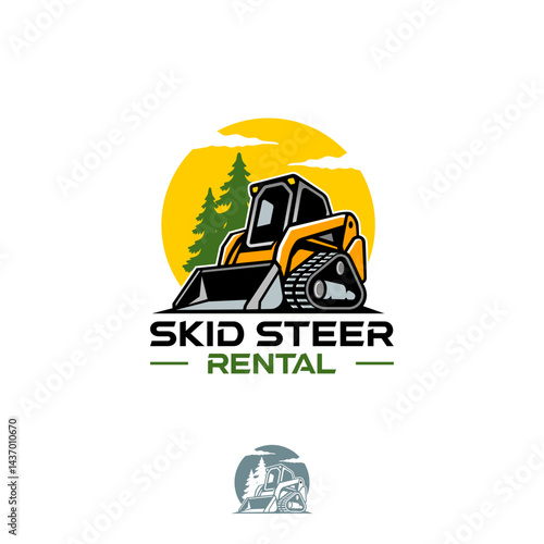 An illustration logo for a skid steer rental and dirtwork contracting business, featuring yellow, dark green, and black tones.