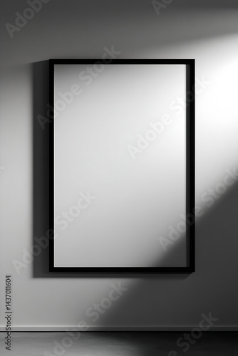 Minimalist black framed mirror against a light wall with dramatic shadows and highlights : Generative AI