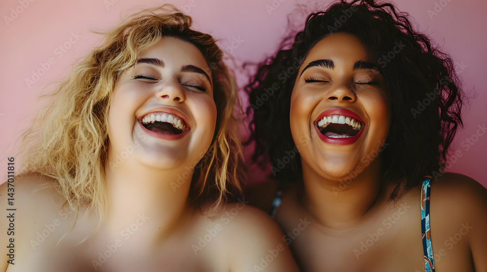 Fototapeta premium Two Young People Laughing Joyfully Against a Soft Pink Background
