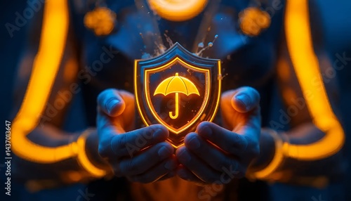 Holding Shield with Umbrella Glowing Protection Concept