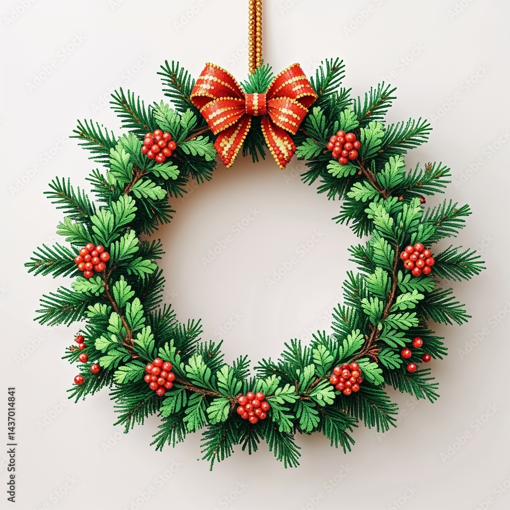 Green pine wreath square pixel art cartoon design on plain white background illustration Green pine wreath square pixel art cartoon design on plain white background illustration