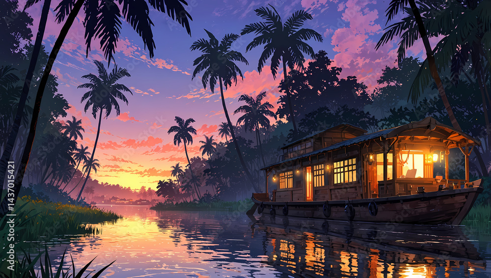 Fototapeta premium Beautiful sunset scene with a houseboat on a calm river surrounded by lush palm trees in anime style
