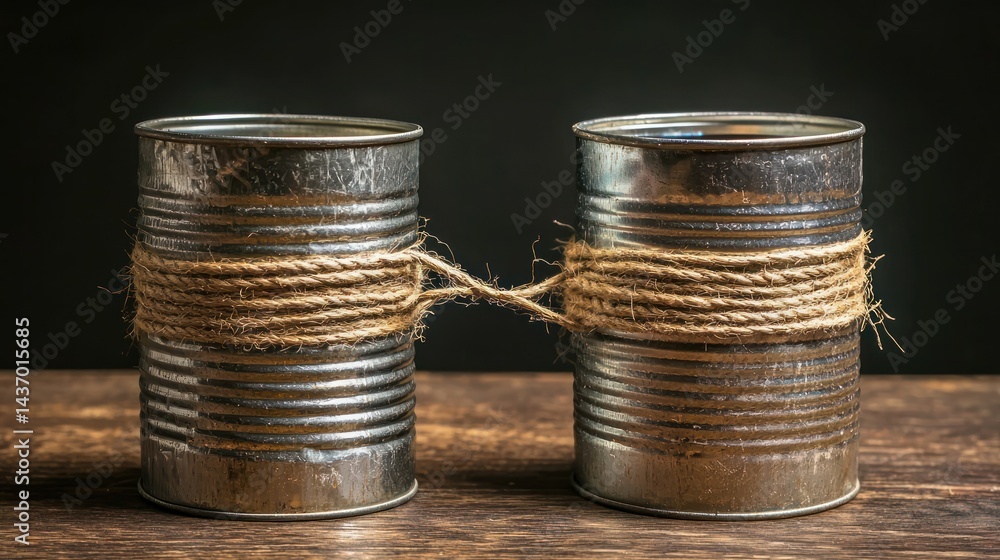 A tin can telephone made with string between two cans. A tin can telephone made with string between two cans.