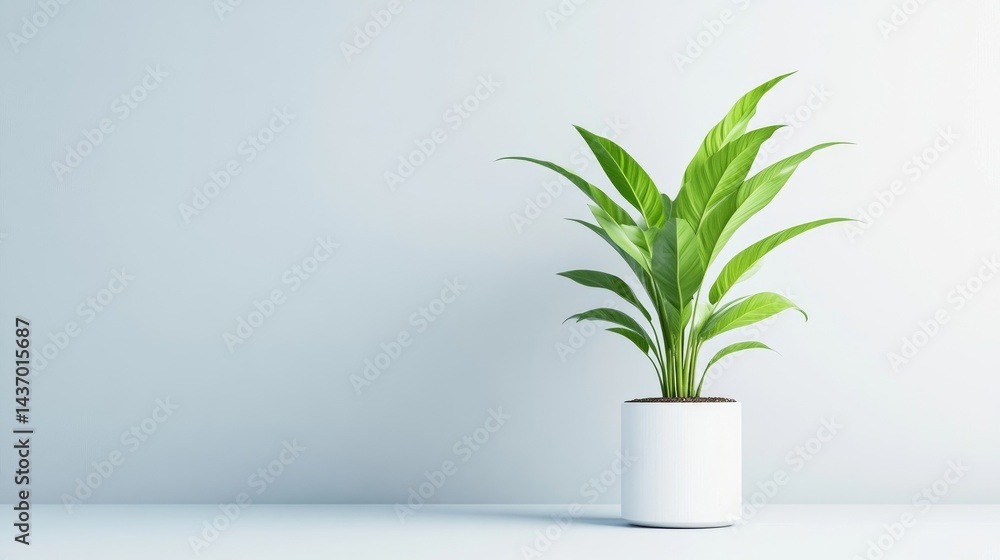 Minimalist indoor plant in a white pot against a light blue wall. Lush green foliage accents the clean backdrop Minimalist indoor plant in a white pot against a light blue wall. Lush green foliage accents the clean backdrop